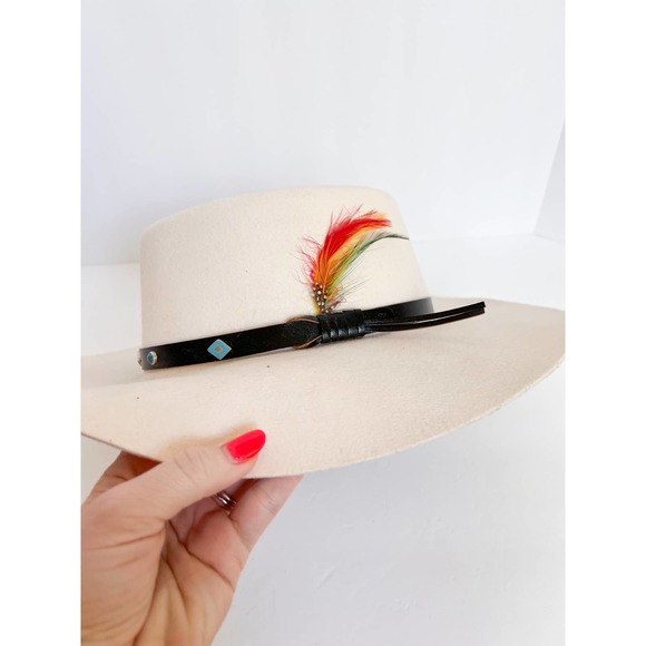 DOUBLE EE BRAND Women's Cream Wool Flat Brim Hat w/ Faux Leather Band size M - Picture 3 of 9